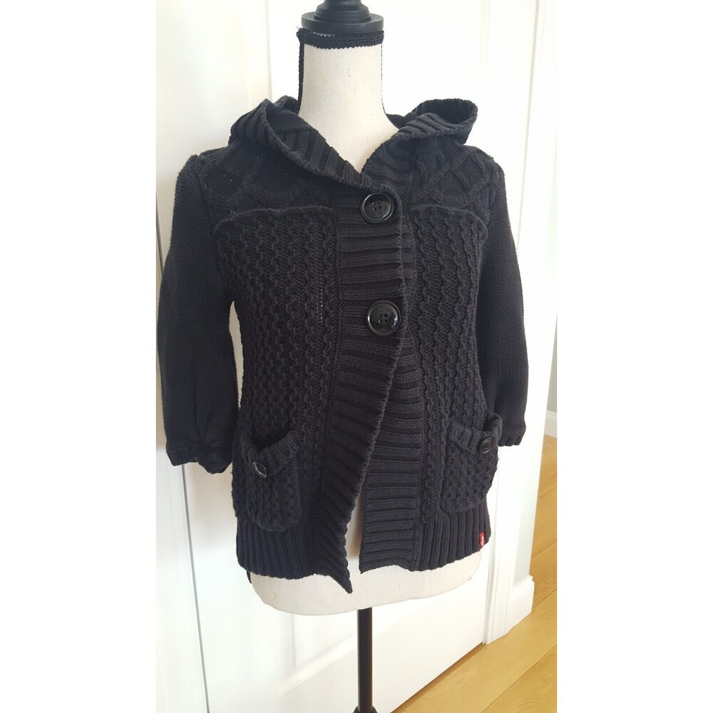EDC by Esprit crop Cardigan Black Bulky Cotton Cabled, Hooded, size Medium‎